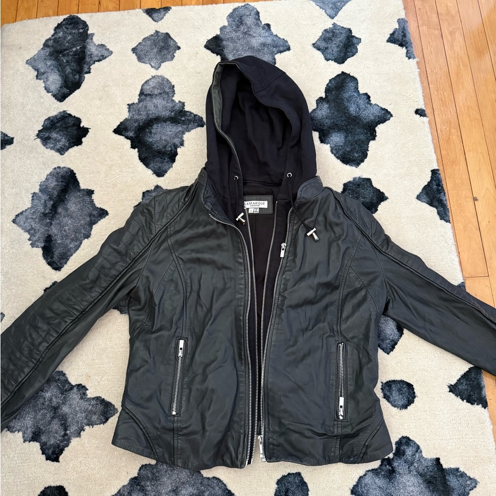 Lamarque Black Leather Hooded Jacket